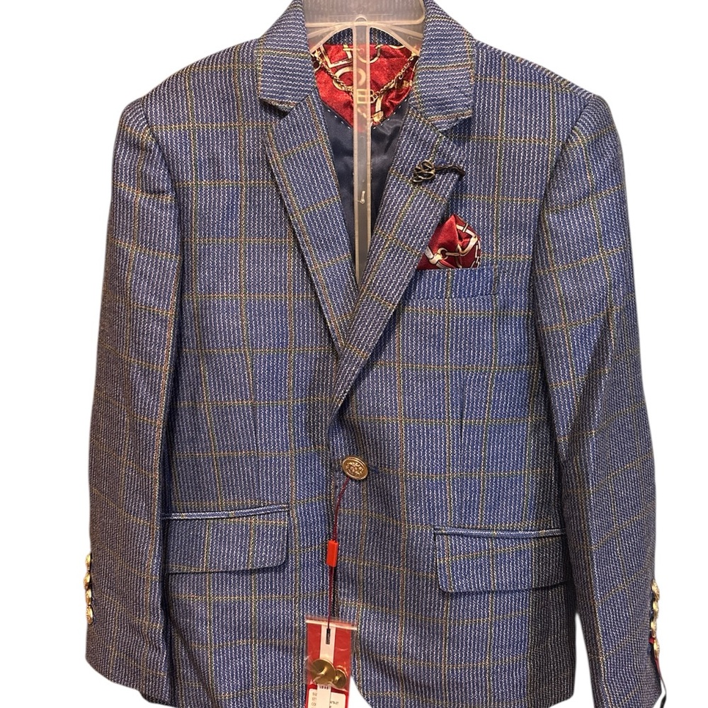Boys Elie Balleh Italy Blue Blazer with Brown Elbow Pads and Gold Cuff Links